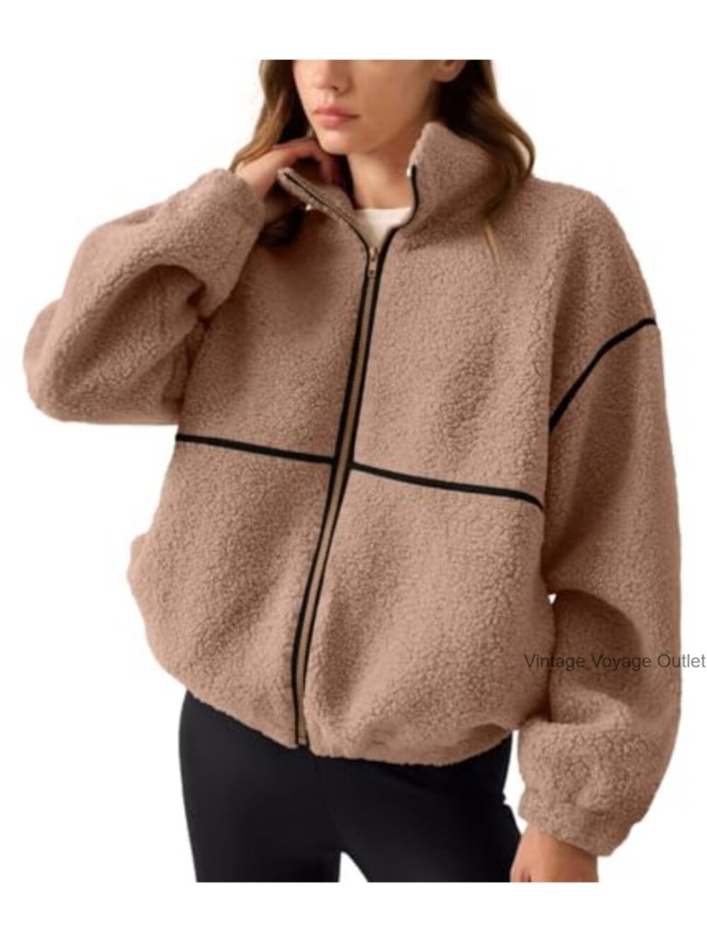 Womens Sherpa Fleece Zip Up Jacket Winter Warm Oversized Cropped